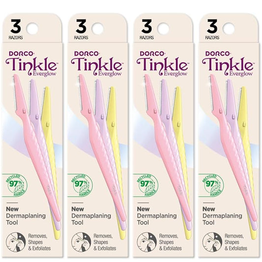 Dorco Tinkle Everglow, 12 Razors (4 Packs of 3), Eco-Friendly Dermaplaning Tool, Multipurpose Eyebrow Razor & Face Shaver-Velvo Beauty