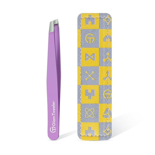 Expert Slant Tip Tweezers with Leather Case, GlamTweeler Sharp & Precision Stainless Steel Tweezer for Eyebrows, Facial Hair and Fine Hairs Removal (Violet)-Velvo Beauty