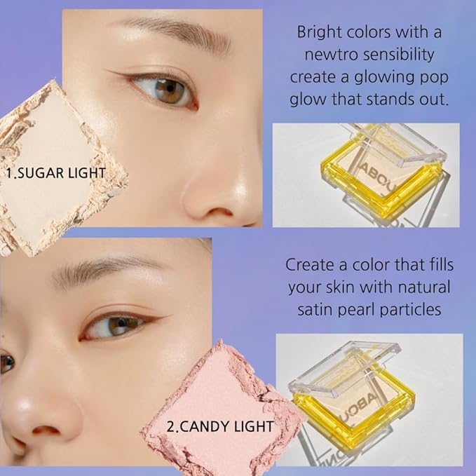 Light On Me Highlighter 2 Color - Makeup Highlighting Powder Palette, Natural Satin Glow, Lightweight Velvety Powder, Clear Sheer Pearls, Shiny Illuminator, 0.26oz (02 CANDY LIGHT)-Velvo Beauty