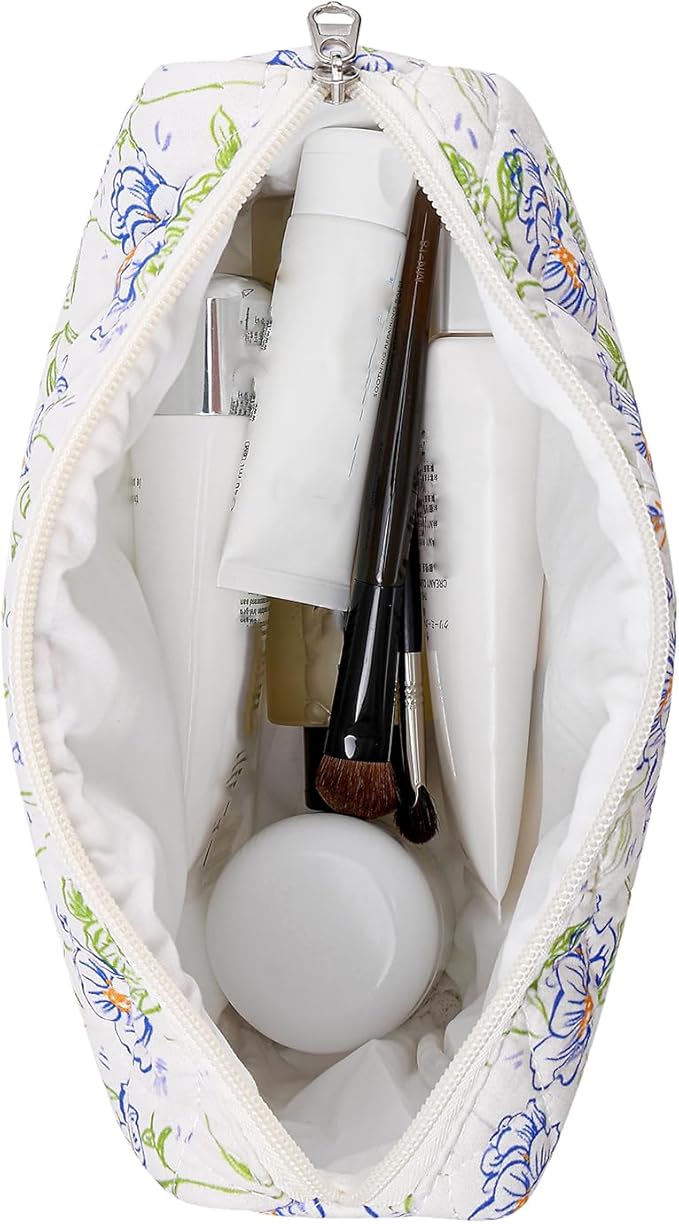 Makeup Bag Travel Cosmetic Bag for Women Girls, Zipper Make Up Pouch, Floral Flowers Toiletry Organizer Makeup, Portable Storage Bag, Cosmetic Travel Cloth Bag (L/Large Blue Flowers)-Velvo Beauty