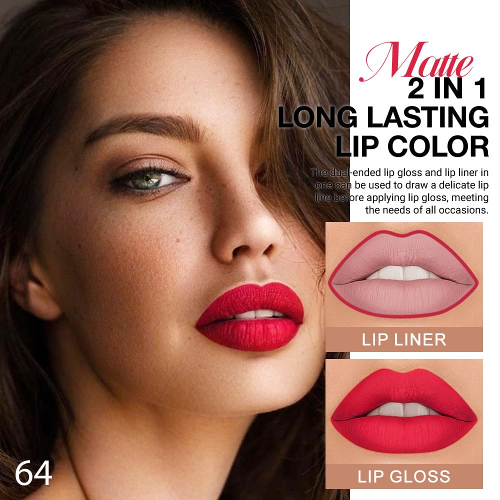 evpct 1Pcs Fire Bright Red Matte Lip Liner & Liquid Lipstick Stain Makeup Set for Women, Red Lip Liner Stain Long Lasting Waterproof Smudge Proof, Cruelty Free Lip Stick Makeup 24 hours originales, 64-Velvo Beauty