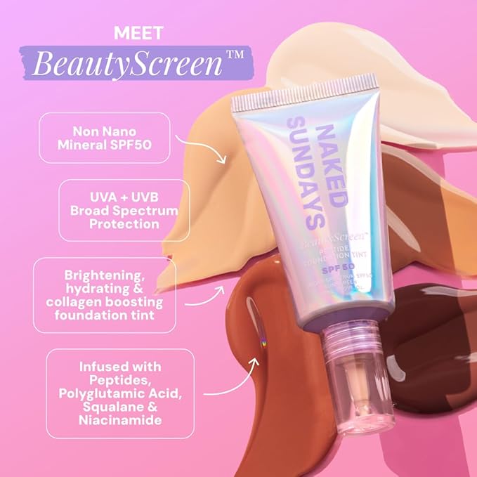 Naked Sundays BeautyScreen™ SPF 50 Mineral Peptide Foundation Tint – 2-in-1 Skin Tint & Mineral Sunscreen | Radiant, Buildable Coverage, Acne-Safe, Infused with Peptides (4 Medium honey, 1.01 fl oz)-Velvo Beauty
