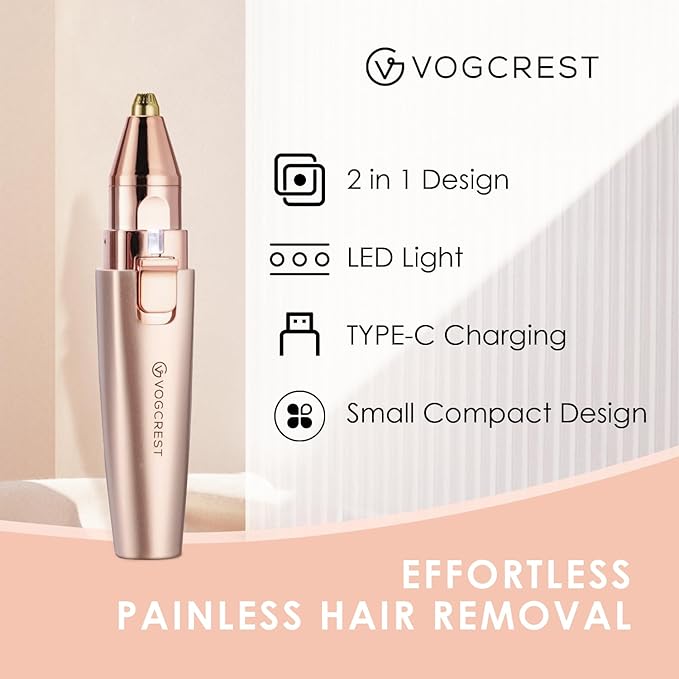 Eyebrow & Facial Trimmer: 2 in1 Rechargeable Facial Hair Removal & Eyebrow Shaver - Body Razor with Built-in LED Light (Rose Gold)-Velvo Beauty