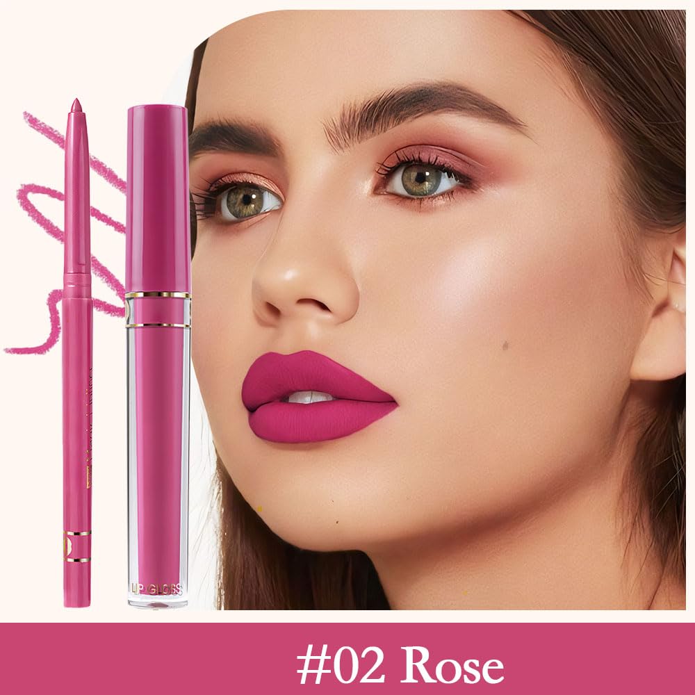 evpct 2Pcs Rose Matte Lip Liner and Lipstick Gloss Stains Makeup Set Kit for Women Long Lasting Waterproof 24, Rose Red Matte Lipstick Kit with Lip Liner, 24 Hour Lipsticks Pencils-Velvo Beauty