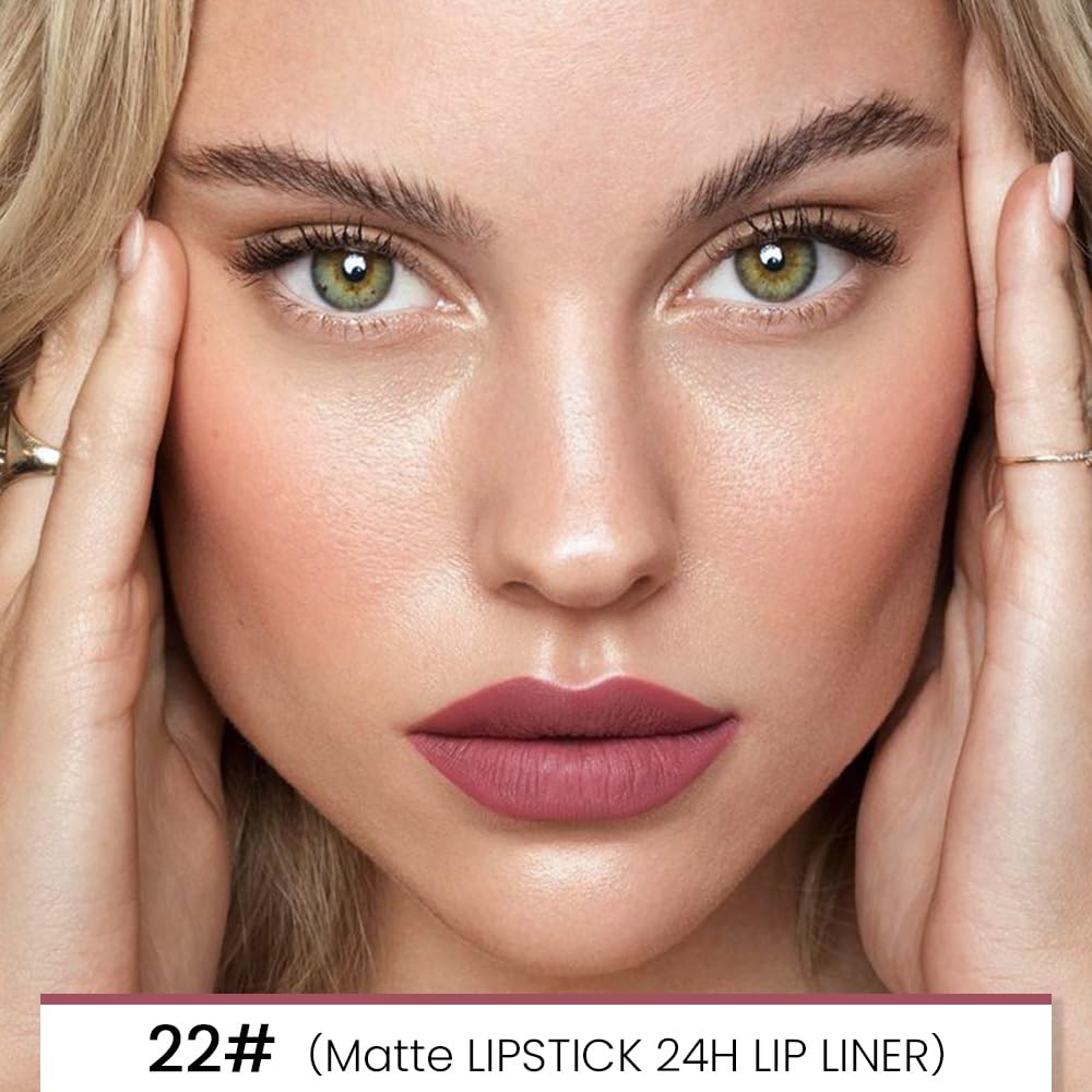 Kaely 2-in-1 Light Mauve Red Matte Lip Liner & Lipstick Combo Set Kit for Women, Magic Neutral Lipstick 24 Hours Original Lips Liner Pencil Stain Makeup Long Lasting Waterproof 22-Velvo Beauty