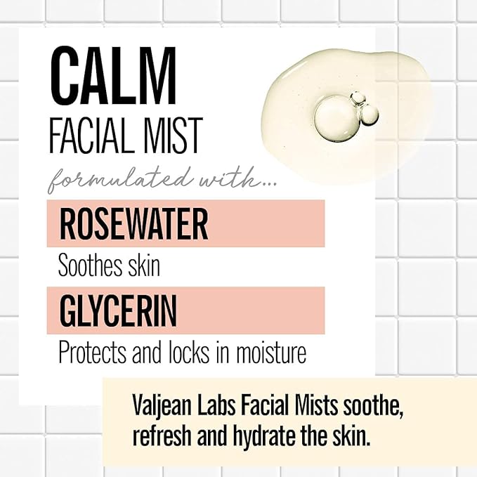 VALJEAN LABS Face Mist - Calm | Rosewater + Glycerine | Calms, Moisturizes, Soothes | Helps to Even Complexion | Paraben Free, Cruelty Free, Made in USA (8 oz)-Velvo Beauty