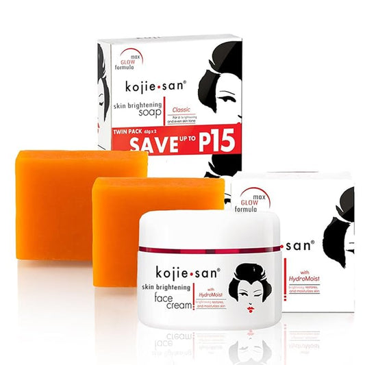 Kojie San Skin and Body Soap 2 Piece Set – Original Kojic Acid, Dark Spot Remover Soap Bar with Coconut & Tea Tree Oil – 65g x 2 Bars & 30g Face Cream-Velvo Beauty