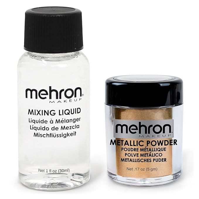 Mehron Makeup Metallic Powder (.17 Ounce) with Mixing Liquid (1 oz) (GOLD)-Velvo Beauty