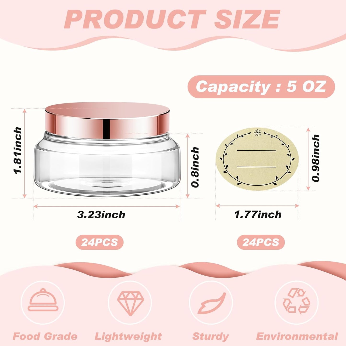 Tessco 24 Pack Plastic Jars with Lids Labels Empty Clear Plastic Jars Round Refillable Cosmetic Containers Body Butter Containers Bulk Sugar Scrub Bottle for Make Up(5 oz,Clear, Rose Gold)-Velvo Beauty