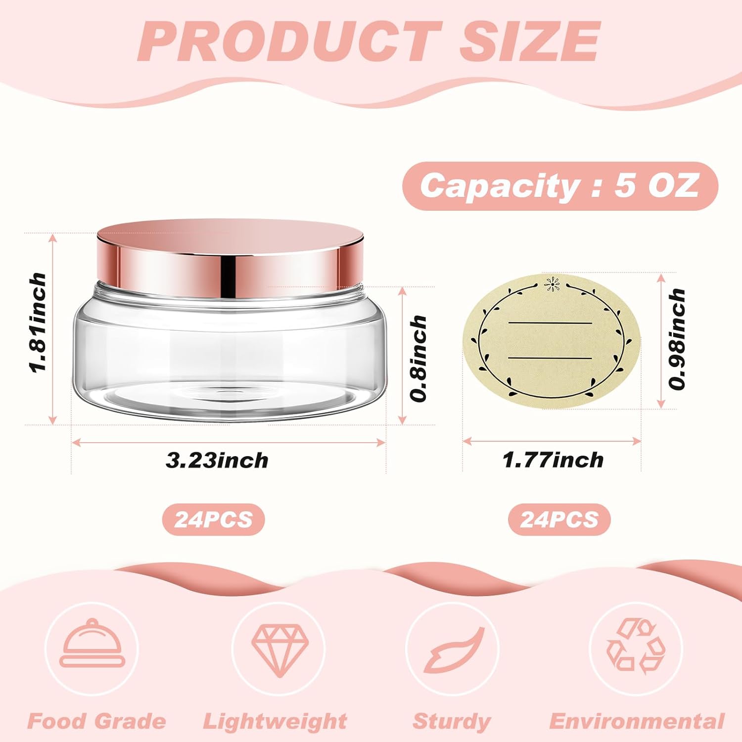 Tessco 24 Pack Plastic Jars with Lids Labels Empty Clear Plastic Jars Round Refillable Cosmetic Containers Body Butter Containers Bulk Sugar Scrub Bottle for Make Up(5 oz,Clear, Rose Gold)-Velvo Beauty