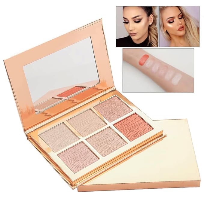 6 Colors Highlighter Makeup Face Palette, Shiny Glow Highlighter Shimmer Metallic Palette Professional Face Contouring Blemish Pallet, Natural Shiny Makeup Face Glitter Blush Cheeks Pallet Contour Illuminator Makeup Highlight Powder for Women-Velvo Beauty