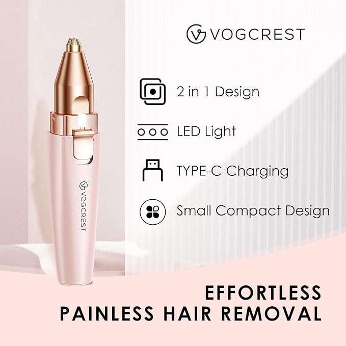 Eyebrow Facial Trimmer: 2 in1 Rechargeable Facial Hair Removal and Eyebrow Shaver - Face Lips Body Painless Facial Razor with Built-in LED Light (Pink)-Velvo Beauty