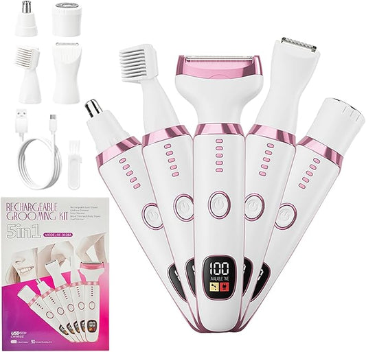 5-in-1 Electric Razor for Women - Bikini Trimmer with LED Display, Painless Hair Removal for Face, Nose, Eyebrows, Arms & Legs - Wet/Dry Rechargeable Shaver for Armpits & Pubic Area-Velvo Beauty