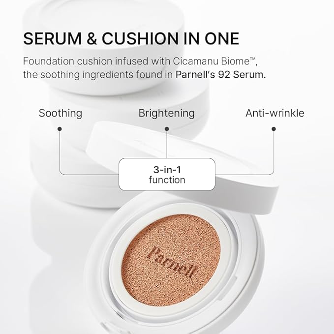 Parnell Cicamanu Serum Cushion - Moisturizing Foundation for Soothing, Coverage, Glass Skin and Lightweight for Sensitive and Dry Skin Pearl Skin (0.52 Fl Oz) (#21 Fair Ivory)-Velvo Beauty