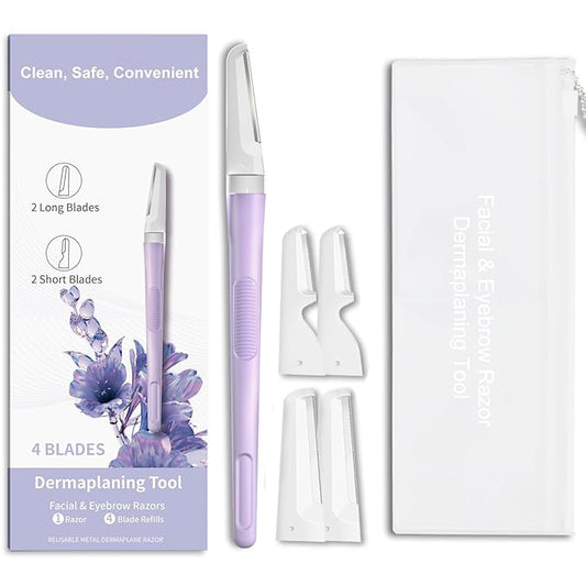 Face Razors for Women, Dermaplane Razor for Women Face, Eyebrow Razor, Facial Razors, Dermaplaning Tool, Reusable Metal Handle with 4 Microblades for Sensitive Skin, Peach Fuzz Remover, Purple-Velvo Beauty