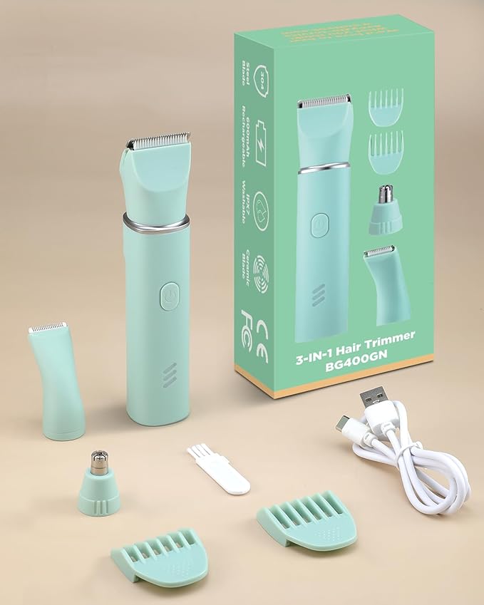 Bikini Trimmer for Women,2-in-1 Painless Electric Razors & Shaver Nose,IPX7 Waterproof,Body Hair Trimmer for Underarm/Pubic/Nose/Legs,USB-C Rechargeable Women's Grooming Kit (Mint Green)-Velvo Beauty