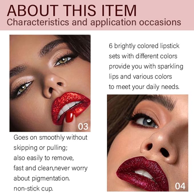 evpct 6Pcs Diamond Lip Gloss Matte to Glitter Liquid Lipstick Waterproof, Metallic Metal Shimmer Liquid Diamond Glitter Sparkle Sparkling Lipstick Lip Gloss Sets for Women Lips Kit, glitter+lipstick-Velvo Beauty
