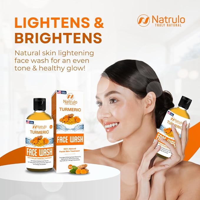 Natrulo Turmeric Face Wash, 4oz Clear Skin Liquid Soap – 100% Natural Anti Aging Exfoliating Turmeric Facial Cleanser for Fading Spots, Clearing Acne Scars, Age Spots, Sun Damage, Discoloration-Velvo Beauty