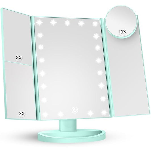 HUONUL Makeup Mirror Vanity with Lights, 2X 3X 10X Magnification, Lighted Mirror, Touch Control, Trifold Dual Power Supply, Portable LED Women Gift (Green)-Velvo Beauty