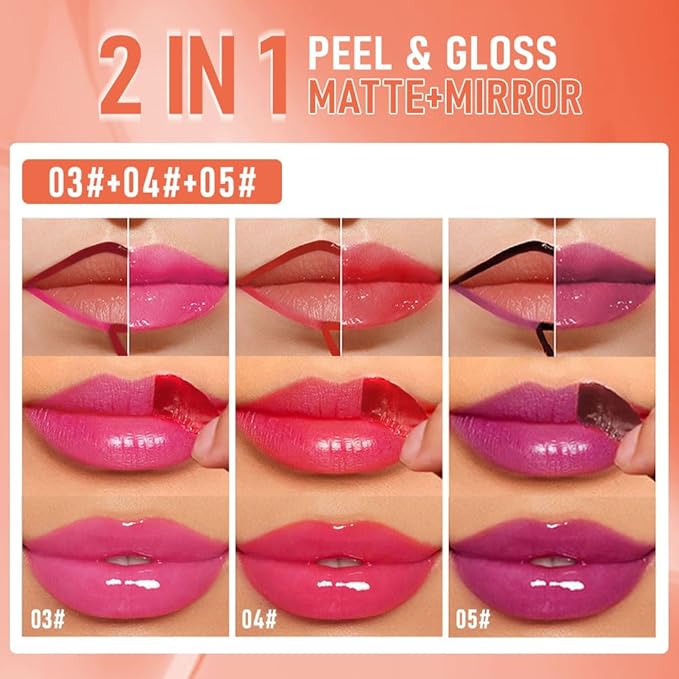 3Pcs Peel Off Lip Gloss Tattoo and Lip Oil, Lip Stain Peel Off Masque - Peel Off Lip Tint ,Long Lasting Waterproof Transfer-proof Lip Mask Lip Gloss Peel Off Lip Liner,Stay Lip Makeup 03#+04#+05#-Velvo Beauty