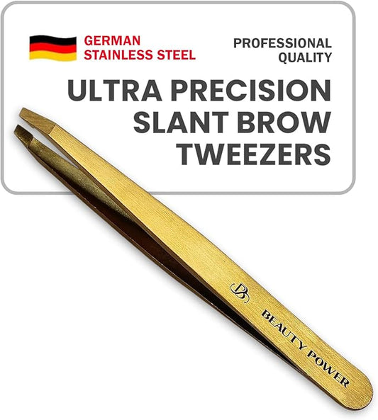 Professional Tweezers - Slant, Durable Lightweight German Stainless Steel, Ultra Precision Tweezers for Eyebrows, Facial Hair, Chin, and Ingrown Hair Removal - Gift (Matte Gold)-Velvo Beauty