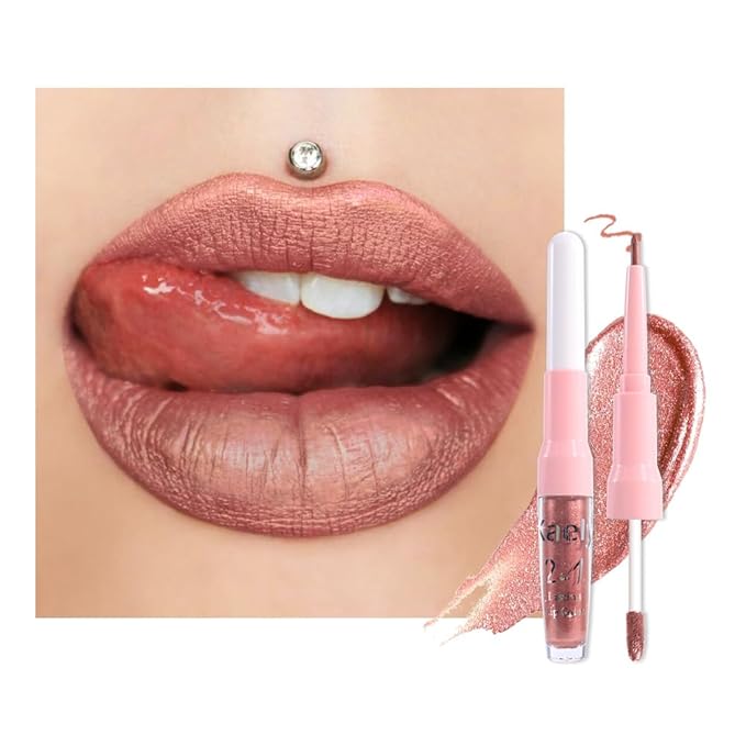 evpct Bronze Gold Metallic Glitter Lip Liner and Lipstick Combo Lip Gloss Stain Set Makeup for Women Long Lasting Waterproof 24, Rose Gold Metallic Shimmer Frosted Iridescent Glossy Liquid Lipstick 14-Velvo Beauty