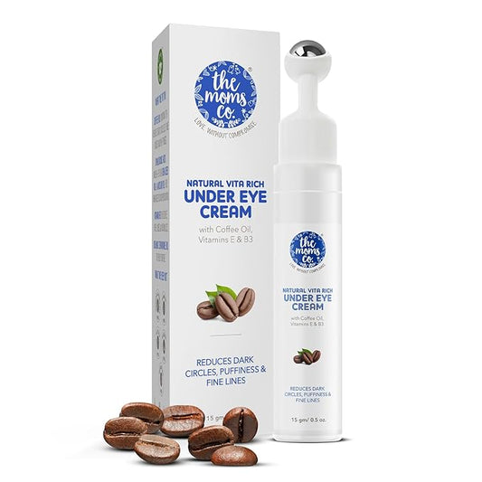 The Moms Co. Natural Vita Rich Under Eye Cream for Dark Circles and Puffiness for Women, Suitable for Delicate Skin Under Eye Area, Soothing Massage Roller with Coffee Oil, Vitamins E & B3, 15 gm-Velvo Beauty