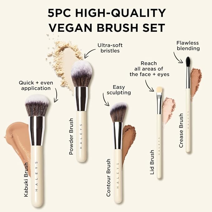 HALEYS Makeup Brush Set 5 pcs: Soft, Streak-free, Perfect Blending, Buff, Blurs and Smooth, Premium Luxury Vegan Bristles, For Liquid, Cream or Powder, Vegan, Cruelty-free, Sustainable Wood-Velvo Beauty