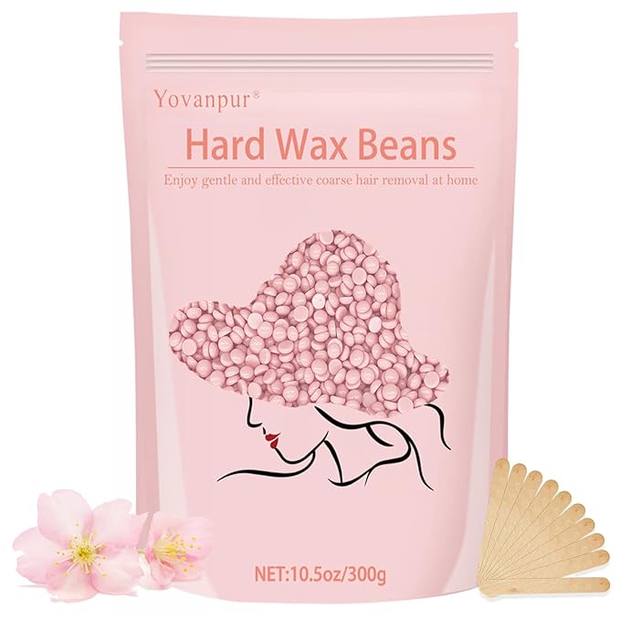 Hard Wax Beads for Hair Removal, Yovanpur 10.5oz Wax Beans for Sensitive Skin and Brazilian Waxing with 10pcs Wax Sticks (Cherry-Blossom)-Velvo Beauty
