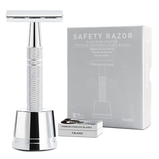Double Edge Safety Razor with Stand, Single Blade Razors for Men and Women, Metal 1 Blade Razor, with 10 Platinum Coated Stainless Steel Double Edge Blades, Smooth and Close Shave, Silver-Velvo Beauty