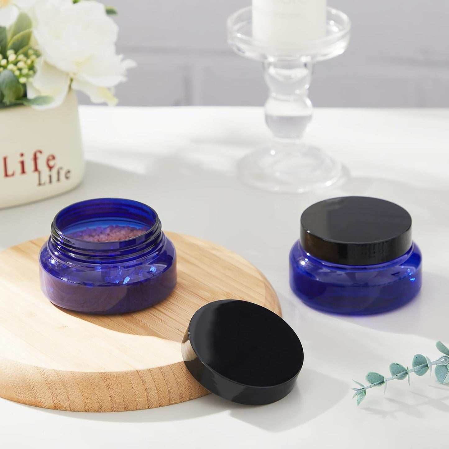 Tessco 24 Pack Plastic Jars with Lids Labels Empty Clear Plastic Jars Round Refillable Cosmetic Containers Body Butter Containers Bulk Sugar Scrub Bottle for Make Up(5 oz,Blue, Black)-Velvo Beauty