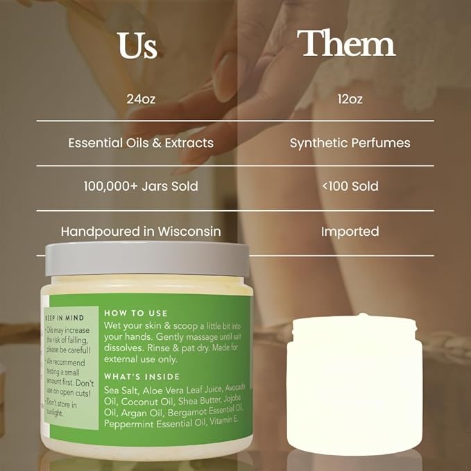 Bare Botanics Bergamot Mint Body Scrub 24oz | Made in Madison, WI | All Natural Sea Salt Exfoliator w/ Skin Loving Moisturizers | Vegan & Cruelty Free | Gift Ready Packaging w/ a Cute Wooden Spoon-Velvo Beauty