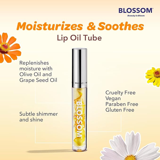 Blossom Moisturizing and Hydrating Shimmer Sparkle Lip Oil with Olive Oil + Grape Seed Oil, Infused with Real Flowers, 3g, Mango-Velvo Beauty