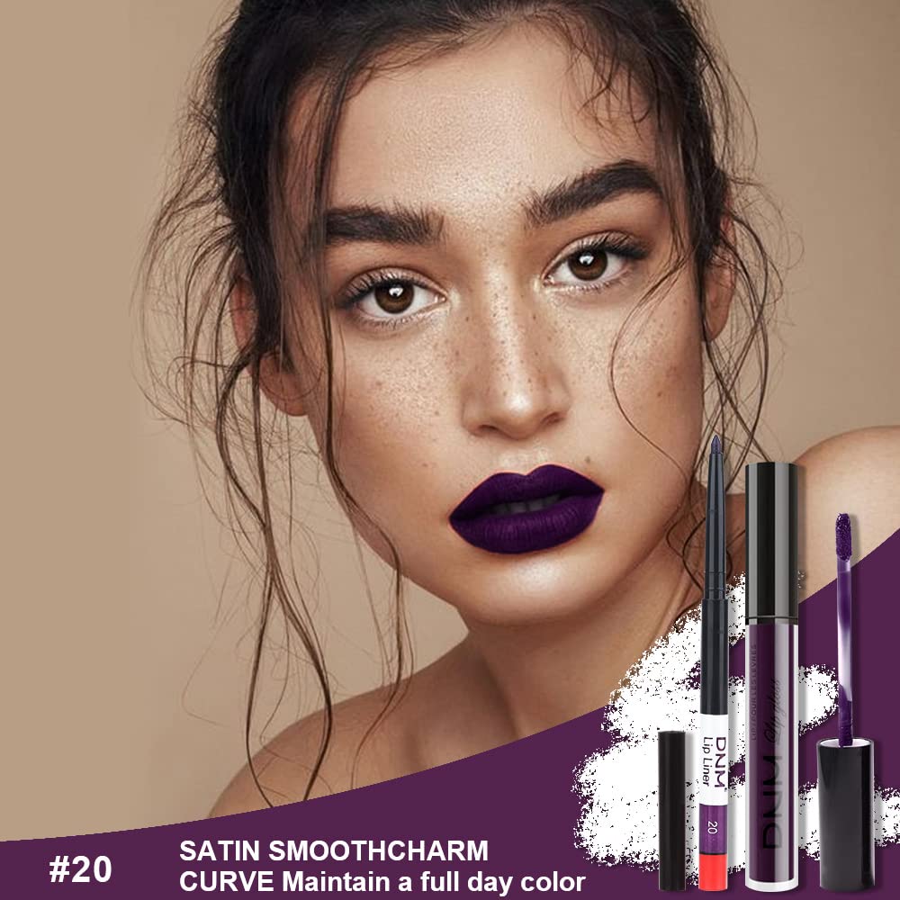 evpct 2Pcs Dark Deep Purple Plum Black Matte lipstick and Lip Liner Pencil Makeup Set for women Matte Smudge Proof Lipstick Lip Stain Long Lasting Waterproof labiales mate 24 horas originales 20#-Velvo Beauty