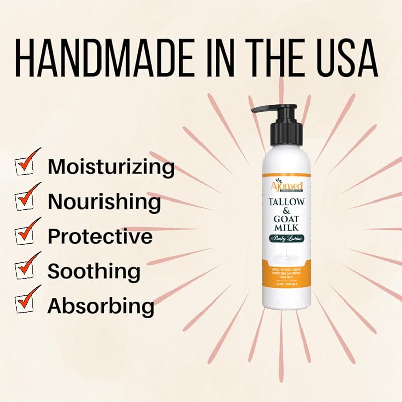 Grass Fed Beef Tallow & Goat Milk Body Lotion for Sensitive Skin, Organic Tallow Lotion - Soothes Dry Patches, Goat Milk Moisturizer - Handmade Tallow Body Lotion (Oatmeal & Honey, 8 Oz)-Velvo Beauty