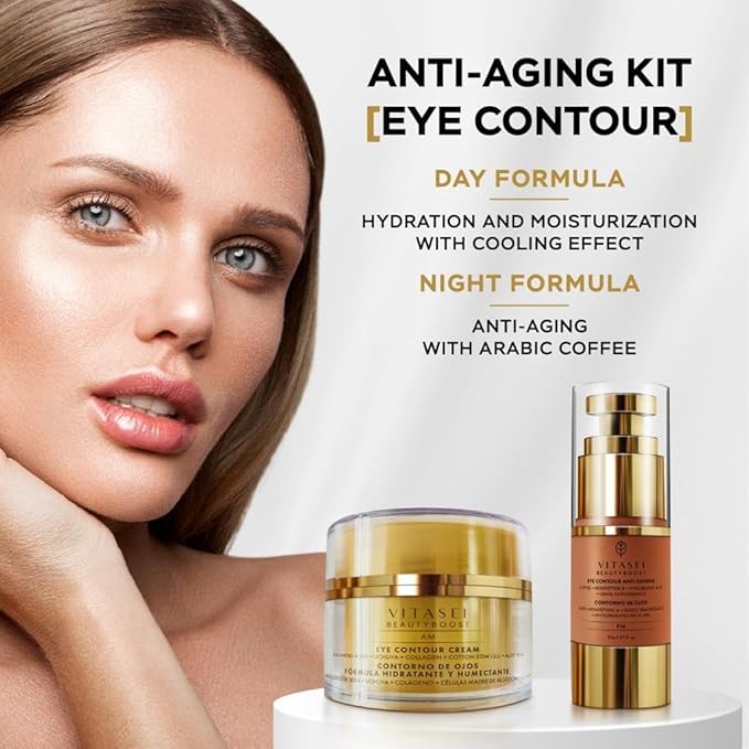 AM/PM Anti-Aging Kit Eye Contour Duo, Deep Hydration Eye Contour Cream with Cotton Stem Cells & Hyaluronic Acid (AM), Eye Contour Anti-Fatigue with Arabic Coffee for Under Eye Lines Protection(PM)-Velvo Beauty