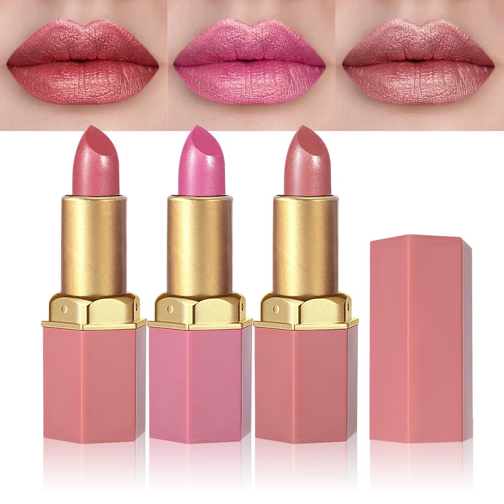 3Pcs Nude Pink Metallic Lipstick Lip Gloss for Women Set,Lightweight Shimmer Frosted Long Lasting Lipstick,Glitter Lip Stain Waterproof Smudge Proof 24 Hour Full Coverage Lip Makeup,Vegan(07,08,09)-Velvo Beauty