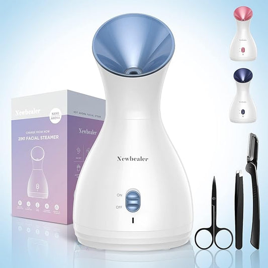 Newbealer 2in1 Facial Steamer, Hot Mist Facial Aromatherapy Humidifier Atomizer, Large Face Steamer Unclogs Pores Sinuses Moisturizing, Home Sauna Spa with Eyebrow Set (Blue, 170ml)-Velvo Beauty