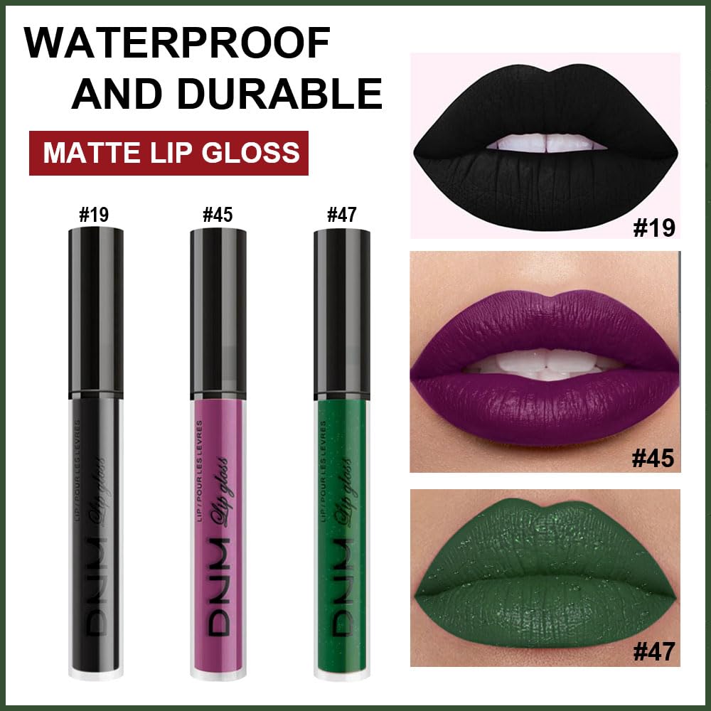 evpct 3Pcs Dark Black Grape Plum purple Emerald Green Matte Liquid Lipstick Lip Stain Sets for Women Matte+Lipstick Long Lasting 24 hr Hours Magic Lipstick 24 Hours original Waterproof 18#-Velvo Beauty