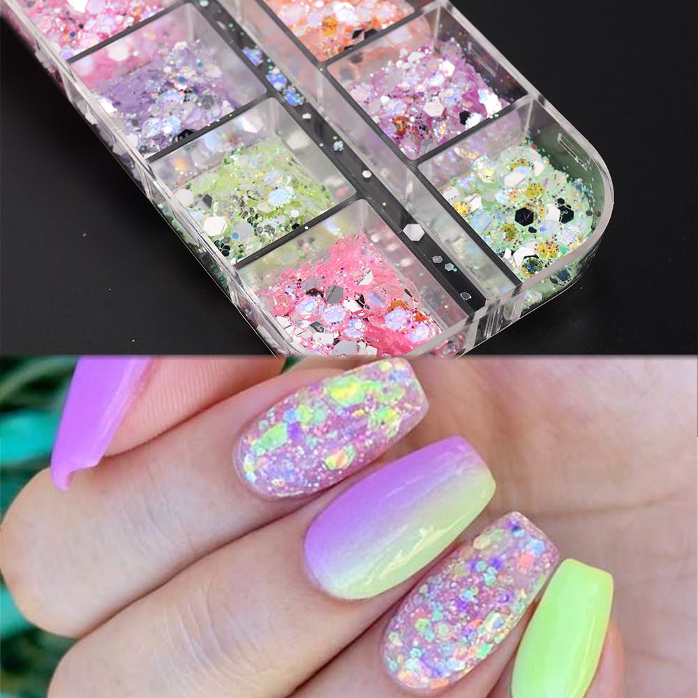 12 Grids Colorful Mermaid Nail Sequin Holographic Nail Art Glitter,Iridescent Nail Art Flake Glitter Decals Glass Paper Design Nail Accessories Acrylic Nails for Women Make Up DIY Nail Decoration-Velvo Beauty