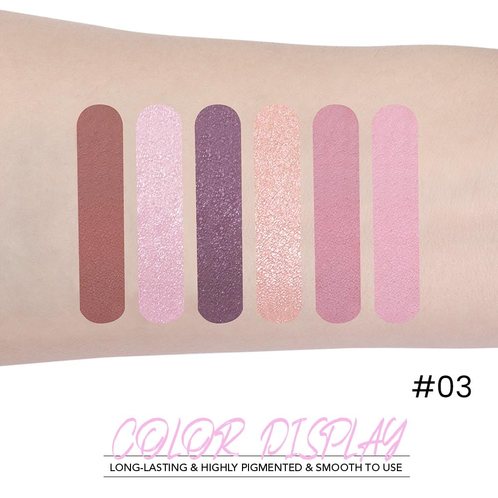 6-Color Pink Champange Purple Matte & Shimmer Eyeshadow Palette with Mirror – Highly Pigmented, Long-Lasting Eye Makeup for Artists & Creative Looks (03#)-Velvo Beauty