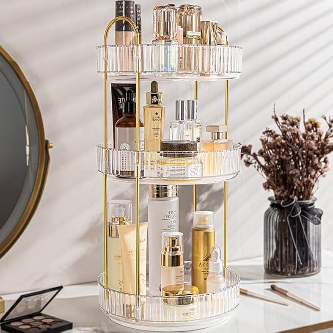 Vanity Organizer - 360 Rotating Countertop, High-Capacity Skincare & Cosmetics Organizer (3 Tiers, Clear)-Velvo Beauty