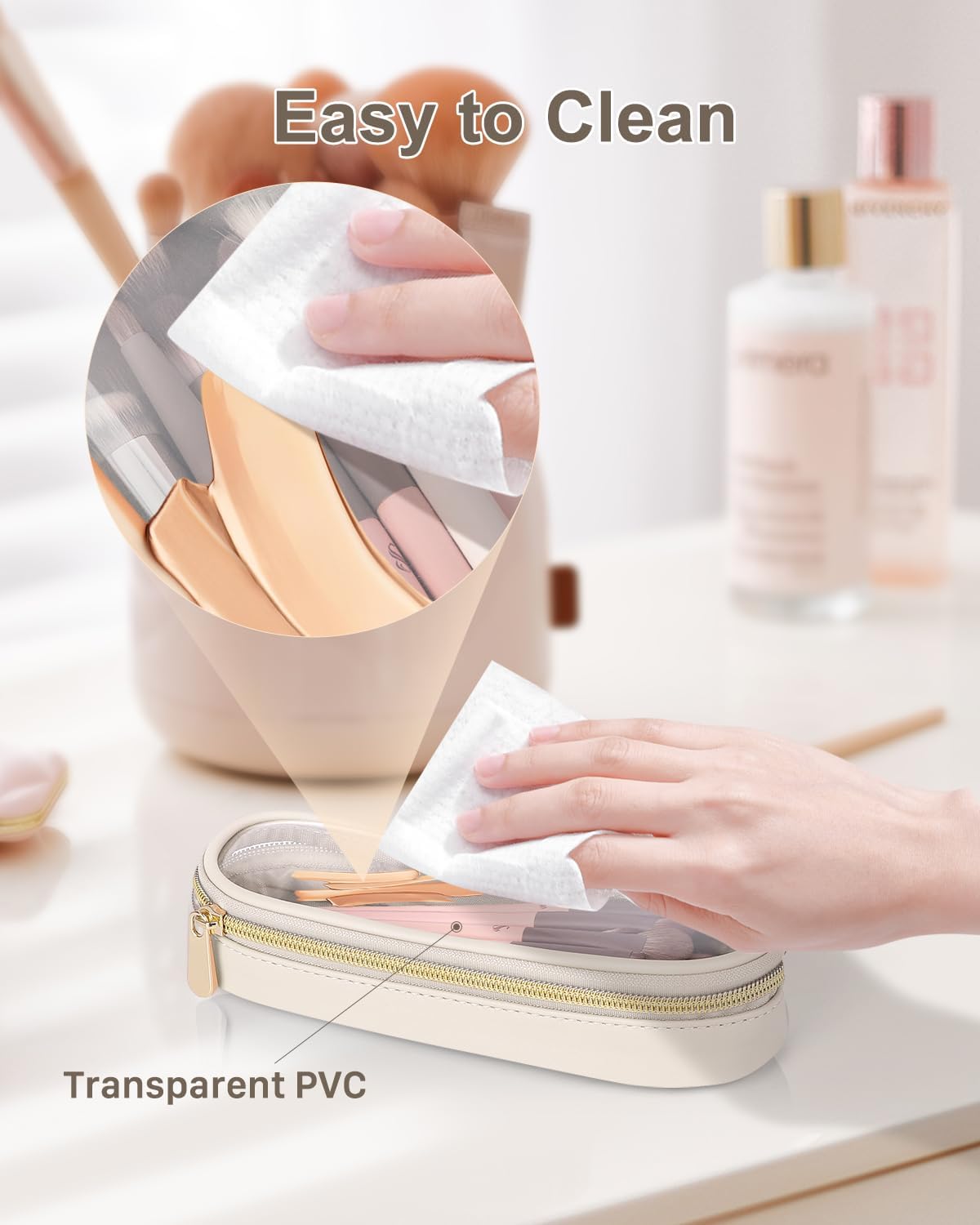 Clear Travel Makeup Brush Holder, Leather Makeup Brush Toiletry Bag, Portable Cosmetic Brush Case, Transparent Waterproof Makeup Brush Storage Bag, White, Large-Velvo Beauty