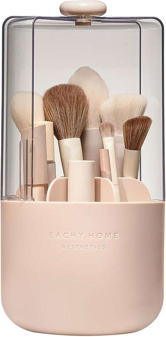 EACHY Makeup Brush Holder 360° Rotating with Dustproof Lid, Waterproof Material, 7 Compartments for Organized Storage, Stylish and Durable Design for Vanity (Pink)-Velvo Beauty