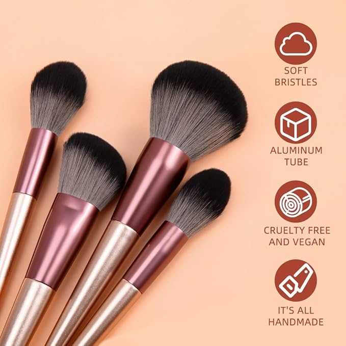 DUcare Makeup Brushes with Bag - 14Pcs Professional Synthetic Make Up Brushes Set for Blush Concealer Foundation Bronzer Powder Eyebrow Eyeshadow Blending Makeup Brush Set Mekaup bag, Rose Golden-Velvo Beauty