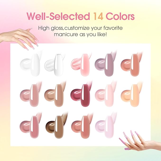 ROSALIND Poly Nail Gel Kit -14 Colors Nail Art Accessories kit Clear Nude Nail Extension Gel Starter with Slip Solution White Nude Pink Nail Extensions Gels Set with Mini UV Lamp-Velvo Beauty