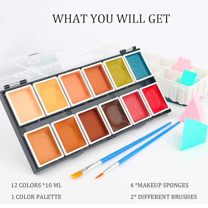 Depvision SFX 12 Color Flesh Tone Alcohol Activated Makeup Palette for Special Effects,Waterproof Skin Tone FX Makeup for Professional Makeup Artists Cosplay Halloween Theatrical Makeup-Velvo Beauty