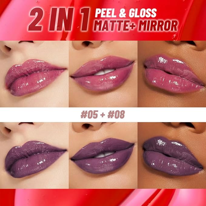 2Pcs Lip Stain Peel Off Lip Gloss oil Dual-Ended Combo, Lips Liner Stain Peel Off Masque, Long Lasting & Waterproof, Transfer-Proof Lip Tint Stain with Lip oil for All Skin Type 05#+08#-Velvo Beauty