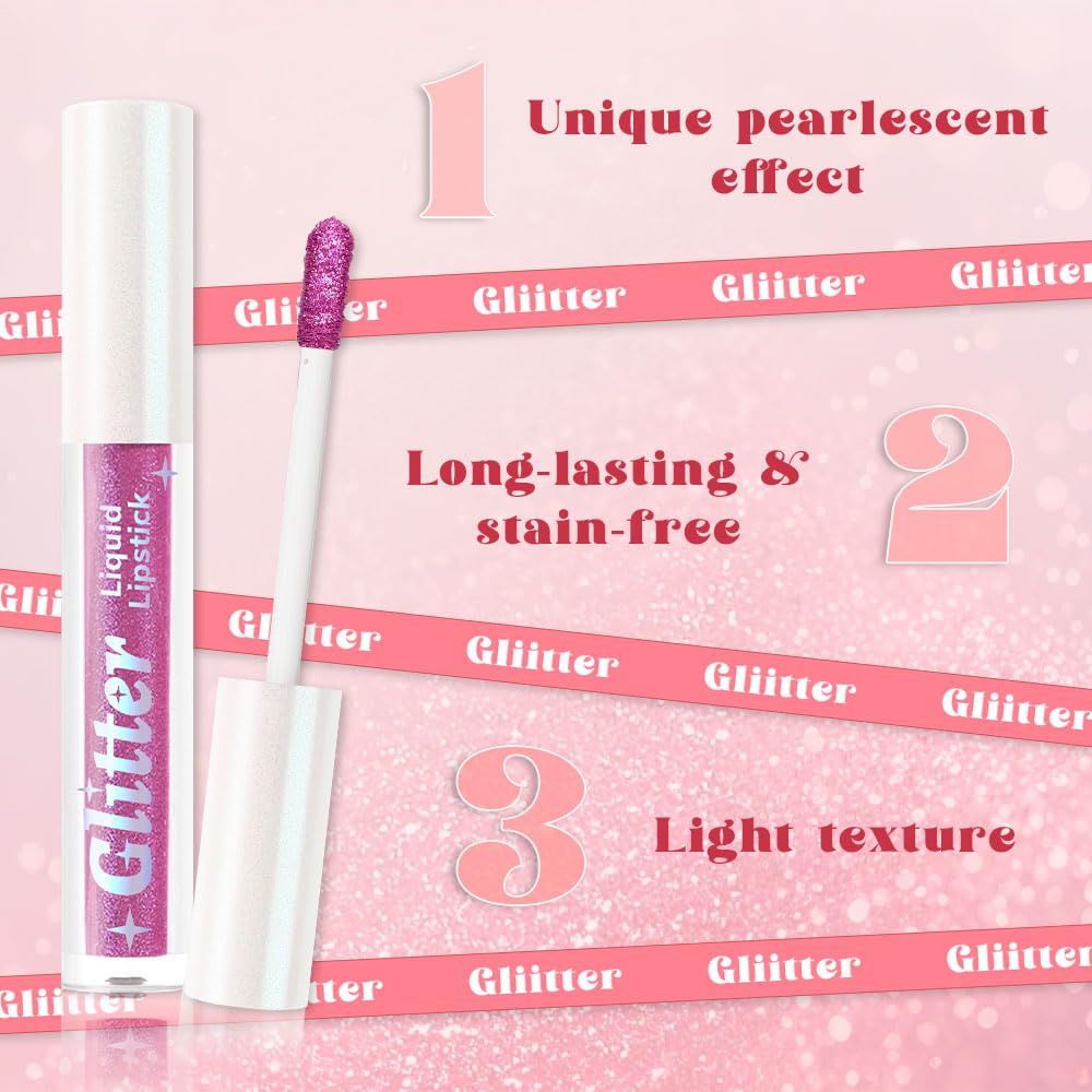 Light Purple Metallic Lipstick for Women,Lightweight Glitter Sparkling Liquid Lipsticks,Shimmer Lip Gloss Stain Long Lasting Waterproof Smudge Proof Non-Drying 24 Hour Full Coverage Lip Makeup,Vegan-Velvo Beauty