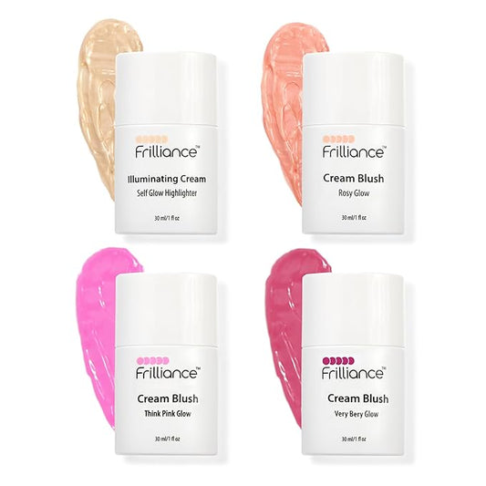 Frilliance Illuminating Cream, Hydrating Highlighter & Blush Vault Bundle, (4 Pack - Rosy Glow, Very Berry, Think Pink, Self-Glow, 30 ml / 1 fl oz each) Cruelty Free Hypoallergenic for All Skin Types-Velvo Beauty